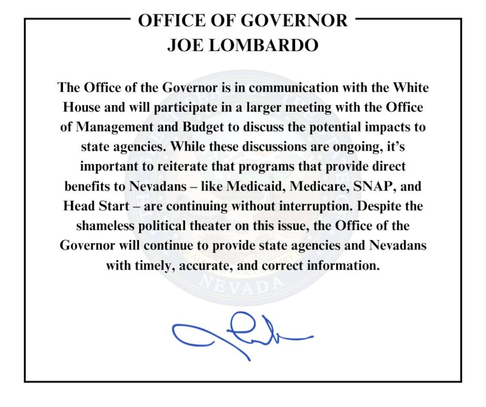 Governor Joe Lombardo shares statement on federal funding freeze.