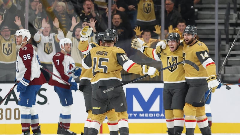 Vegas Golden Knights center Ivan Barbashev (49) and defenseman Nicolas Hague (14) celebrate...