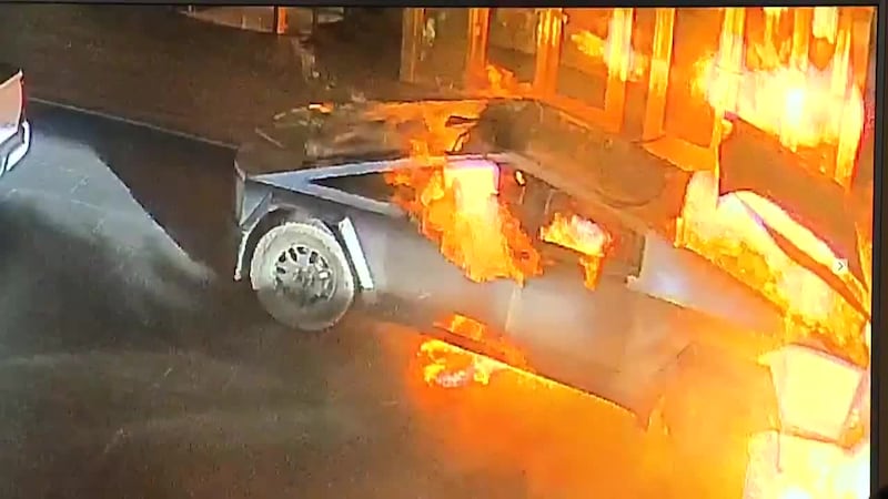 Surveillance video shows the Las Vegas explosion suspect pour fuel onto the Cybertruck.