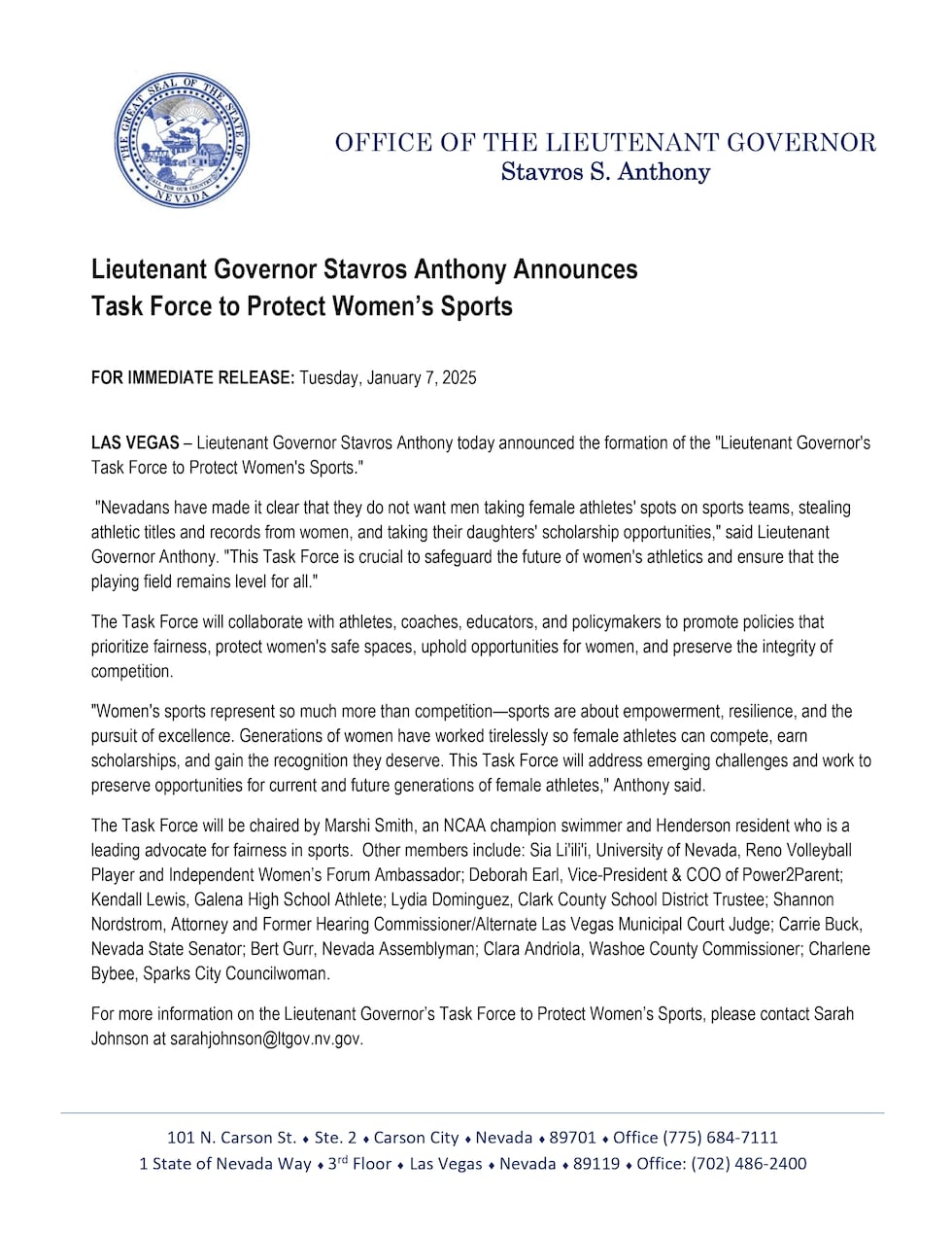 Nevada Lt. Governor Stavros Anthony has announced the formation of a task force to protect...