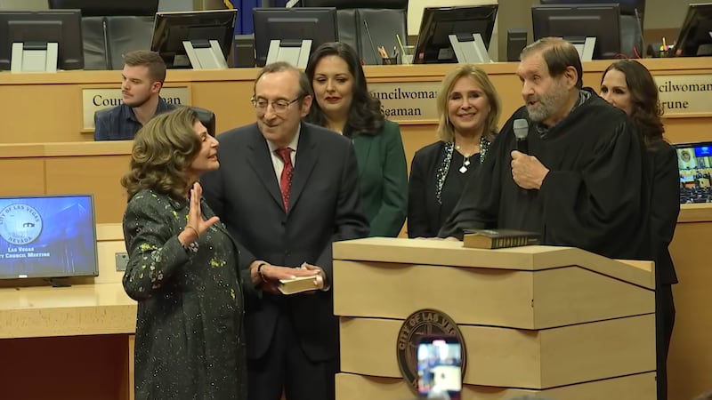 Newly elected Las Vegas mayor Shelley Berkley is sworn in at a city council meeting on...