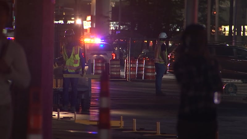 Temporary bridge construction is underway on the Las Vegas Strip on Sunday, Oct. 13, 2024.