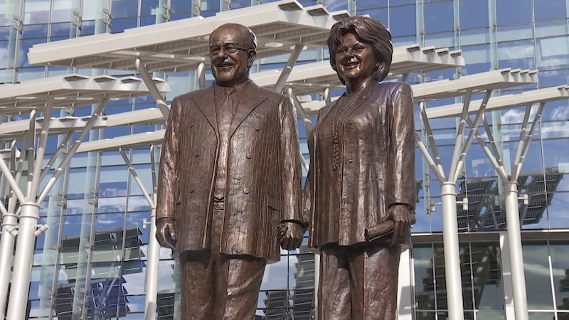 Carolyn and Oscar Goodman surprised with a statue of the two of them, and also a dedicated...