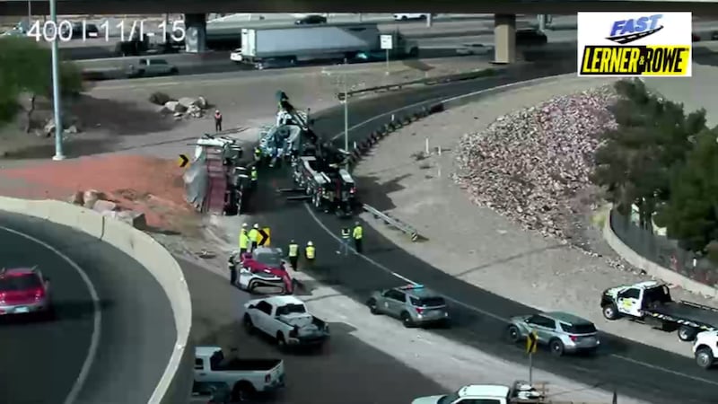 Nevada State Police responded to a semi rolled over at I-11 and I-15 Monday afternoon.