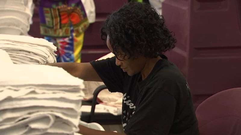Truckloads of rejected linen from Caesars Properties are being recycled by refugees in the Las...