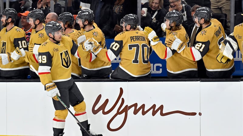 Vegas Golden Knights center Ivan Barbashev (49) celebrates after scoring against the Edmonton...