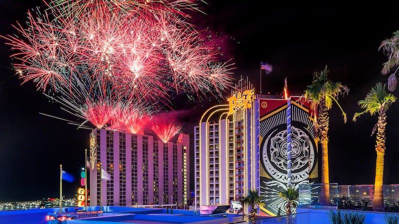 Fireworks are seen at the Plaza in downtown Las Vegas